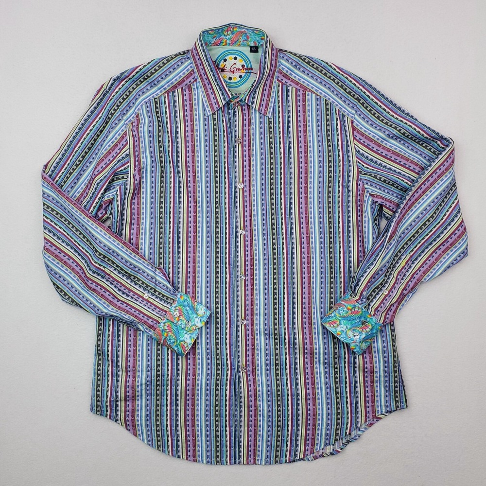 Robert Graham Shirt Men Large Colorful Striped Flip Cuff Paisley Multicolor